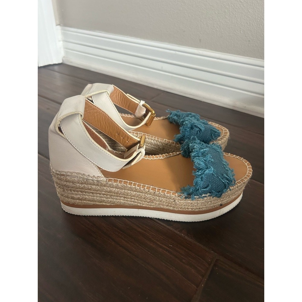 See by Chloe Glyn Denim Ankle Strap Espadrille Wedge Sandals US 8 EU 38350